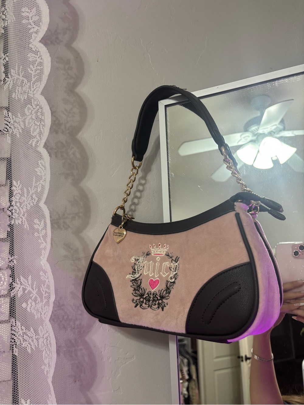 Juicy Couture Pink and Black Suede-Trim Shoulder Bag with Gold Hardware